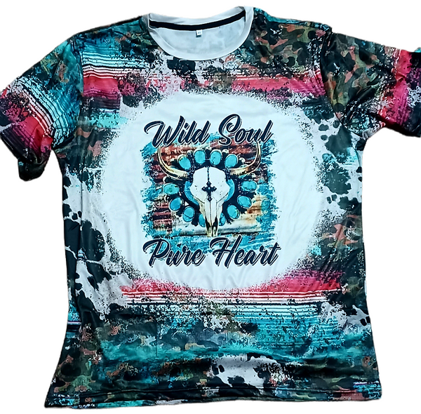 ONE LEFT FULL DESIGN Wild Soul, Pure Heart western design with Cow Print Tshirt XL