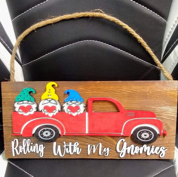 Rolling with my Gnomies 12x5.5 wood wall hanging