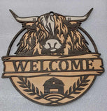 Highland Cow Welcome Sign CAN CUSTOMIZE WORDING 2 sizes to choose