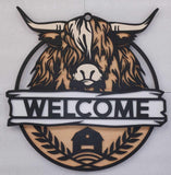 Highland Cow Welcome Sign CAN CUSTOMIZE WORDING 2 sizes to choose