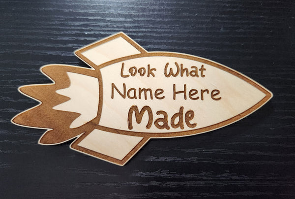 ROCKET Personalized wood engraved display magnet  Child Art